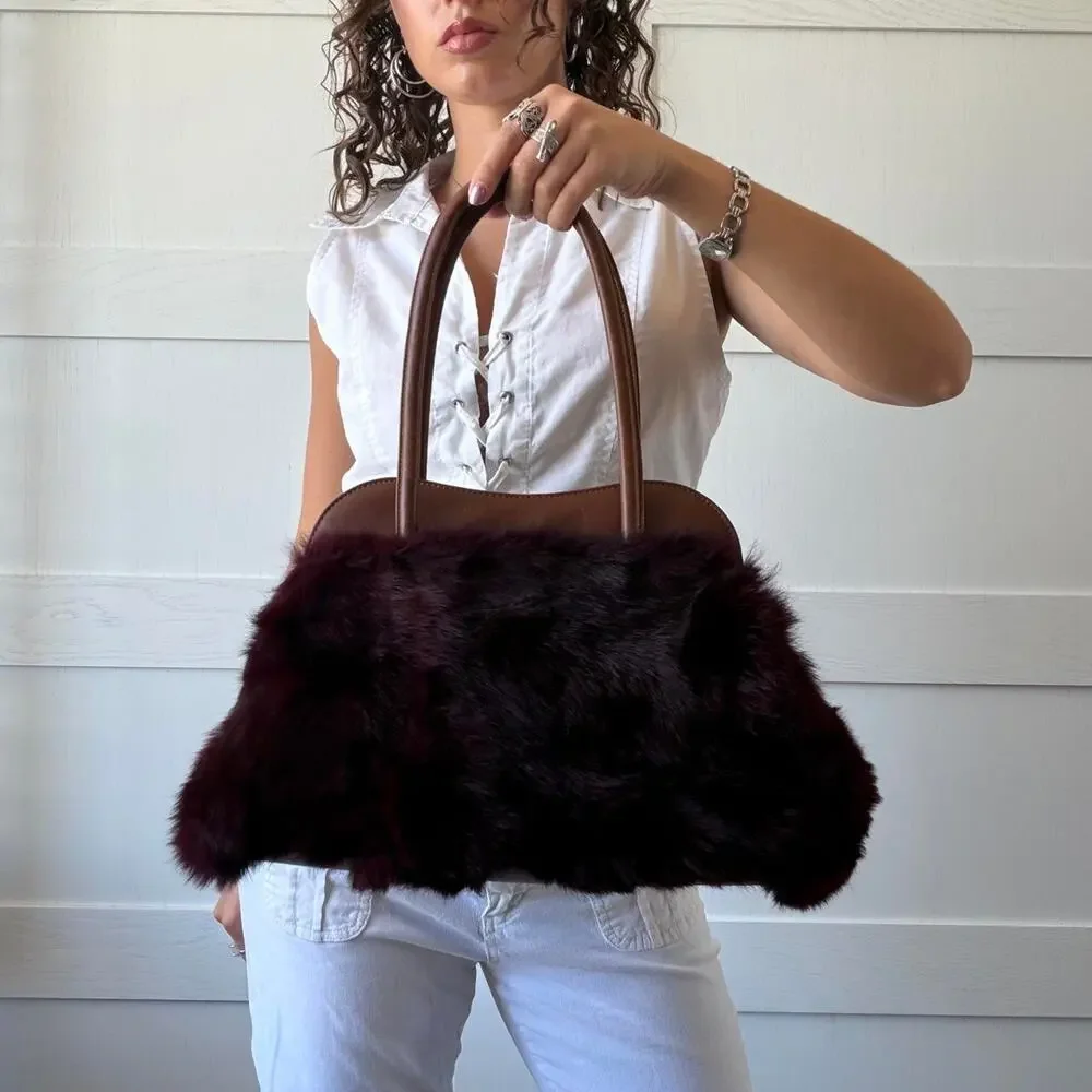 Y2k burgundy faux fur shoulder
